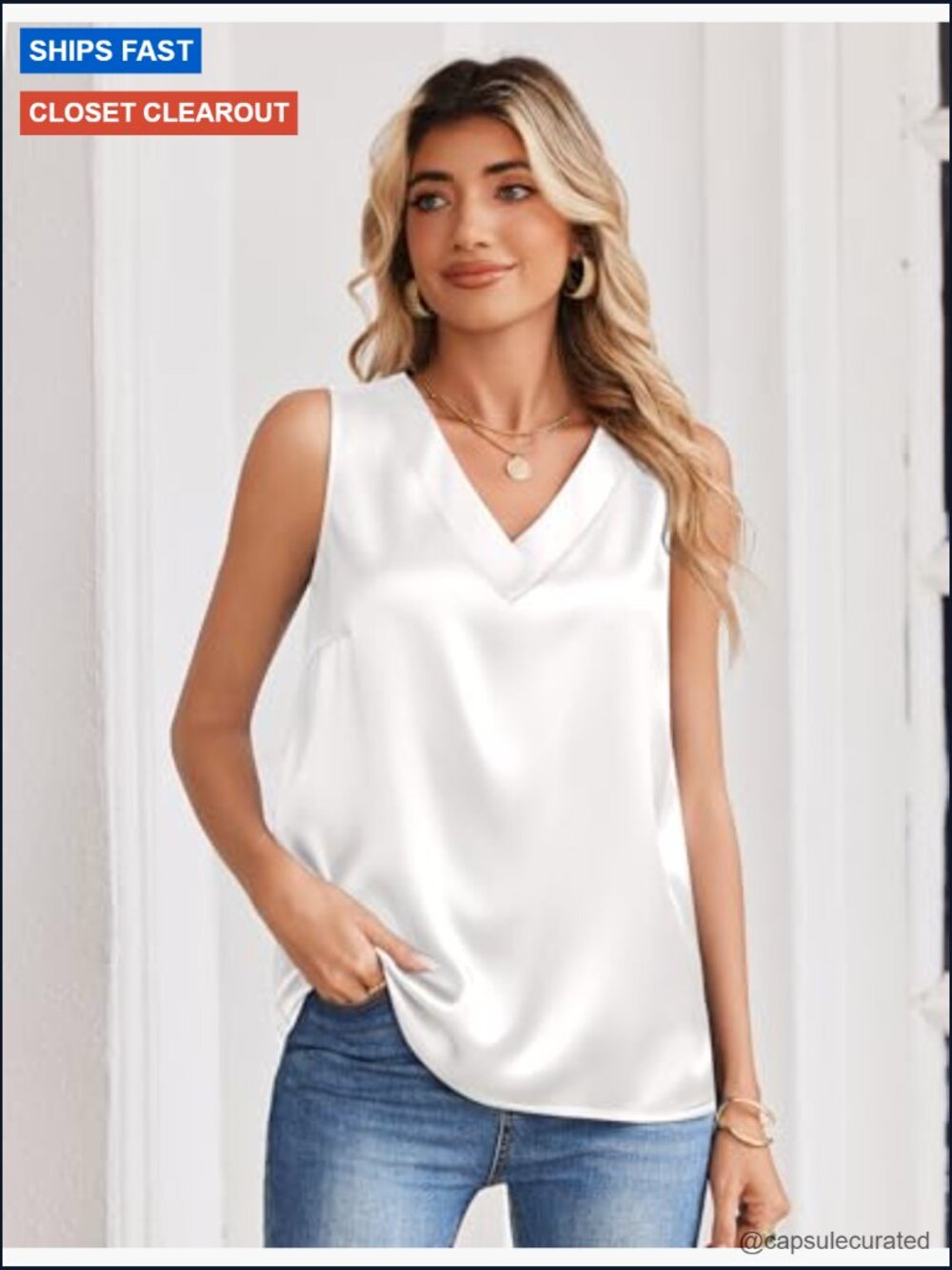 Satin V Neck Tank Top Sleeveless Work Blouse Summer Camisole - Picture 3 of 7